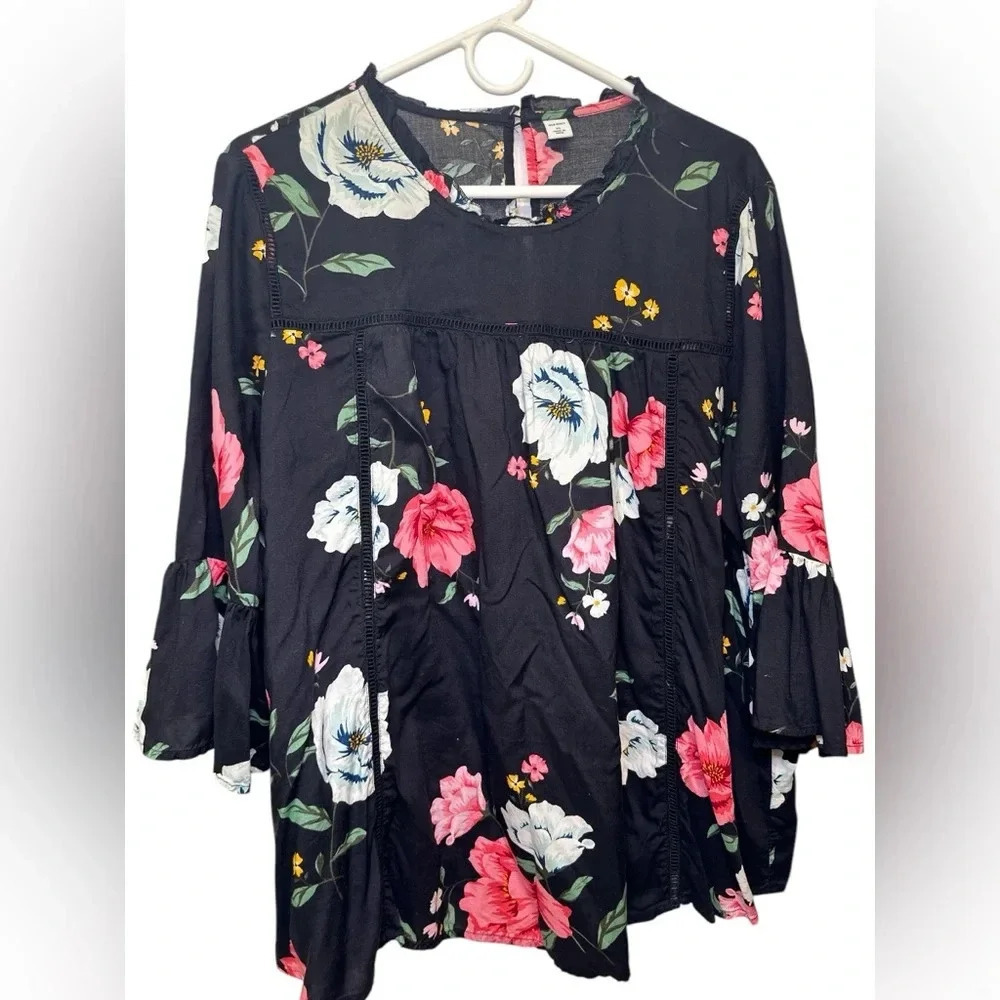 Old Navy Women's Black Floral Bell Sleeve Blouse Top
